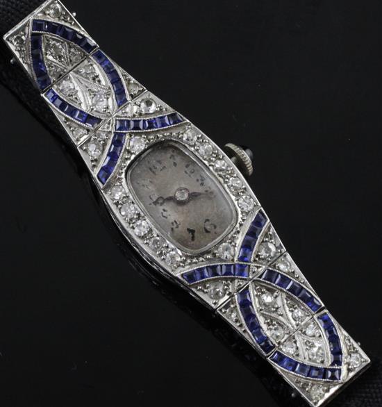 A ladys 1930s platinum, sapphire and diamond set manual wind cocktail watch,